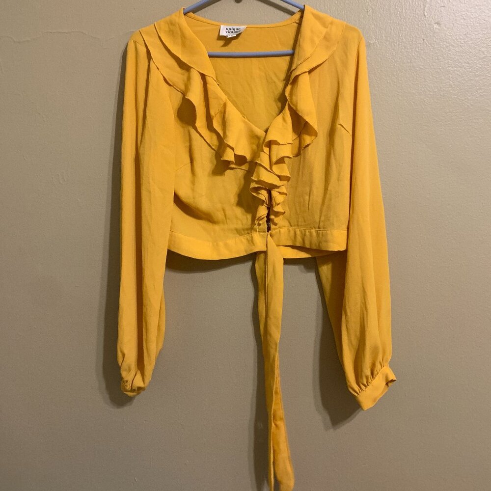 Unique Vintage Yellow Clip Front Blouse
